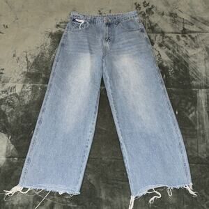 Dazy Jeans Women's Large Blue Denim Cotton Pockets Light Wash Wide-Leg Raw Hem